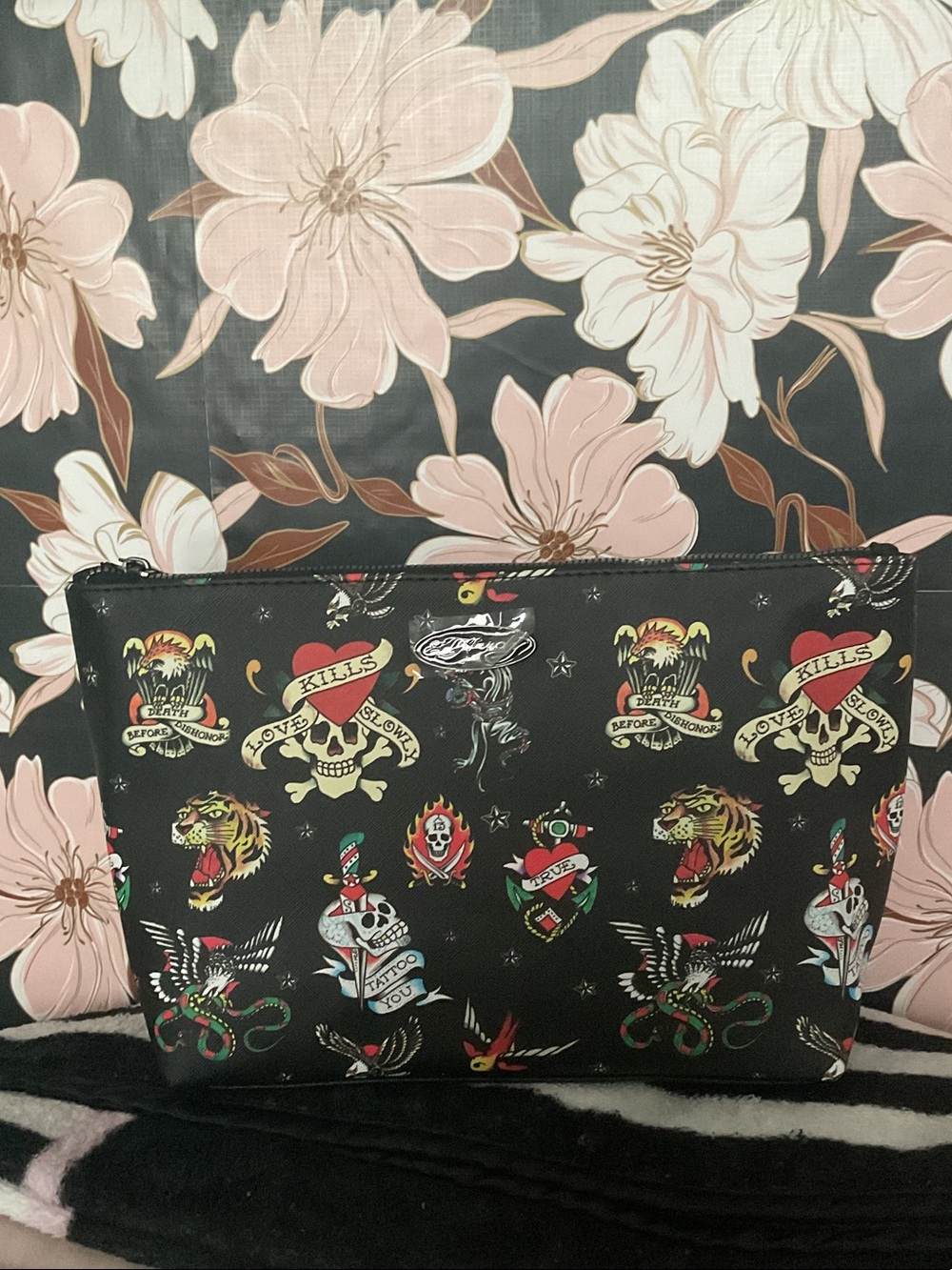 Ed Hardy Black Tattoo-Print Cosmetic Bag with Multicolor Motifs